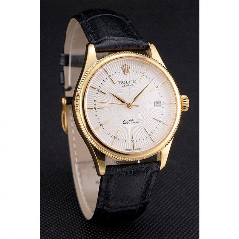 Swiss Rolex Cellini Date White Dial Gold Case Black Leather Strap-2
