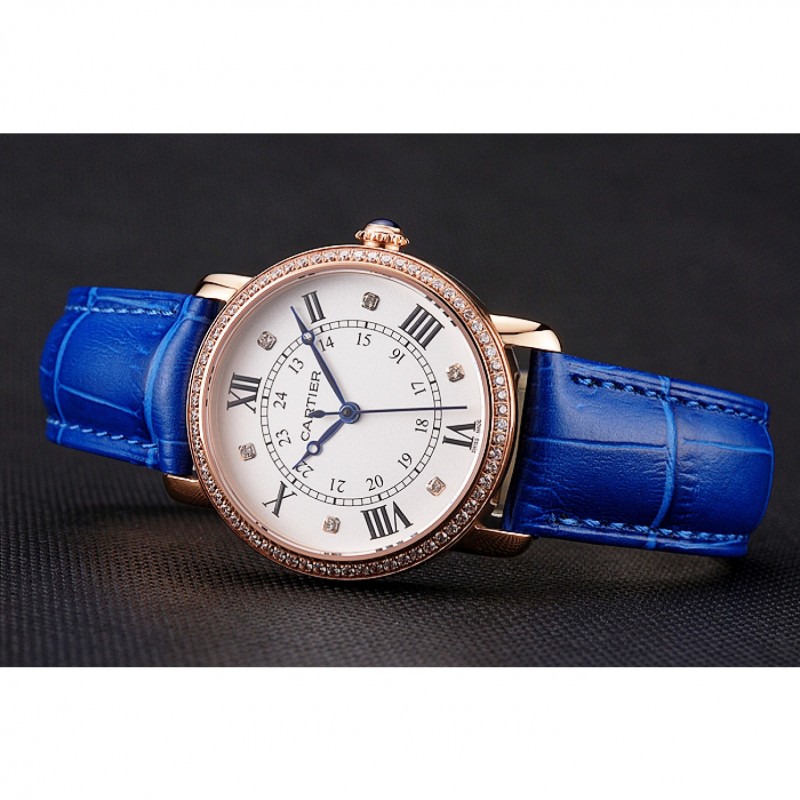 Cartier Ronde White Dial Diamond Bezel Rose Gold Case Blue Leather Strap-4