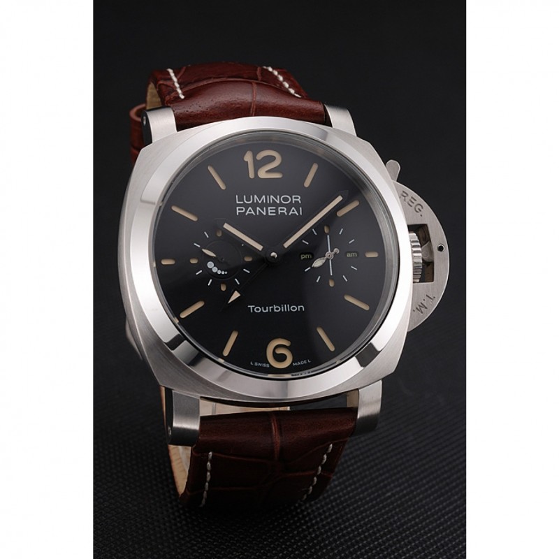 SS Replica Watches Panerai Luminor 1950 Tourbillon GMT Black Dial Stainless Steel Case Brown Leather Strap-2