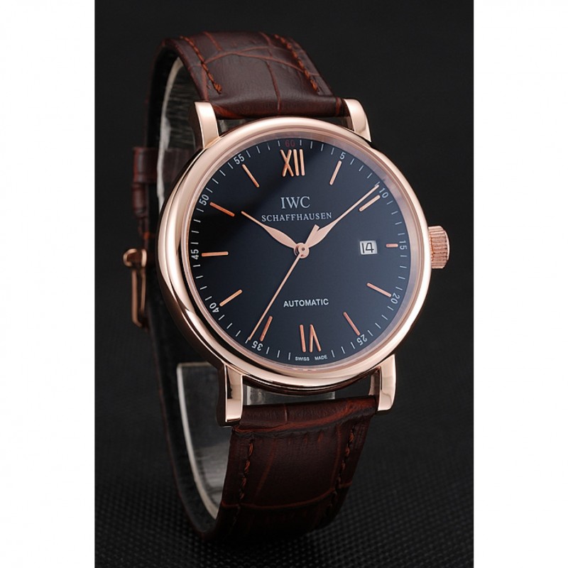 Best Replica Watches Swiss IWC Portofino Gold Case Black Dial Brown Leather Bracelet 622669-2