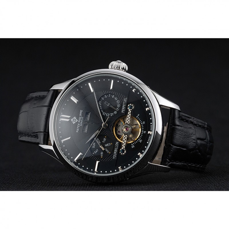 Cheap Replica Watches Patek Philippe Day Date Tourbillon Black Dial Stainless Steel Case Black Leather Strap 622839-4