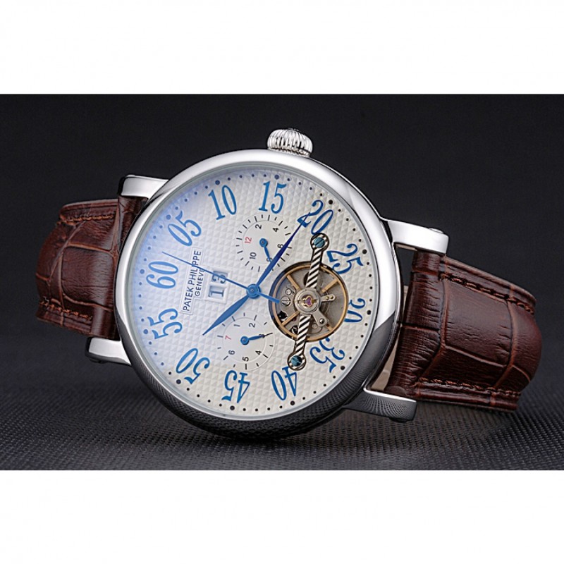Patek Philippe Grand Complications Stainless Steel Case White Dial Roman Numerals Brown Leather Bracelet 622257-3