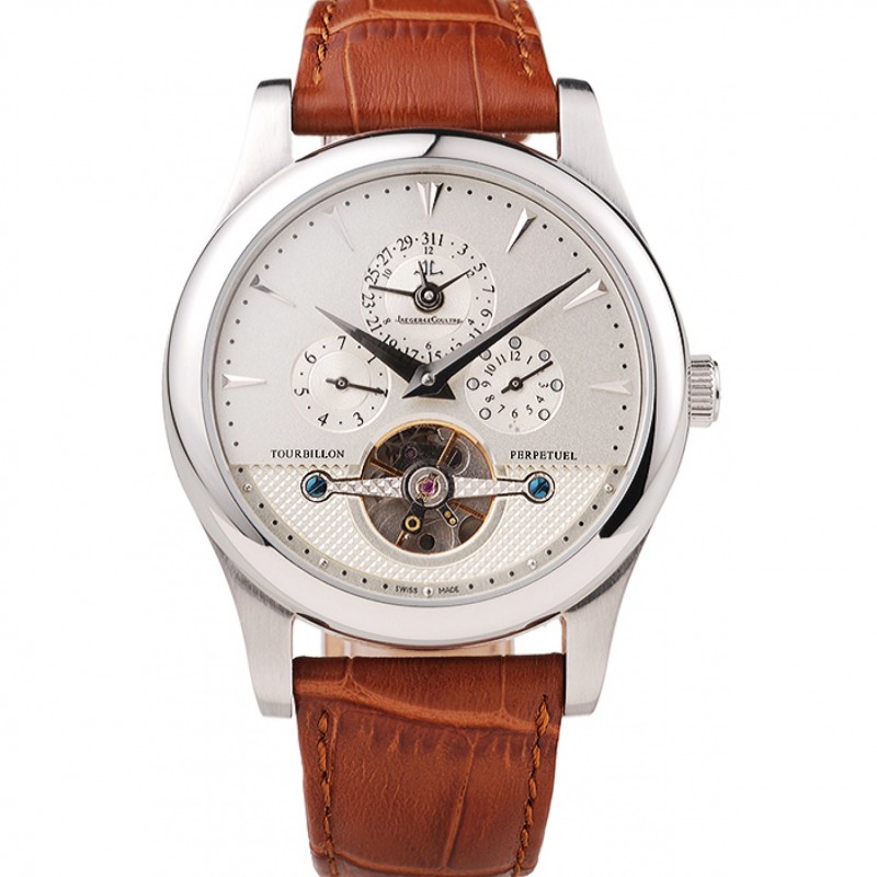 Jaeger Le Coultre Master Control Tourbillon White Dial Brown Leather Strap-0