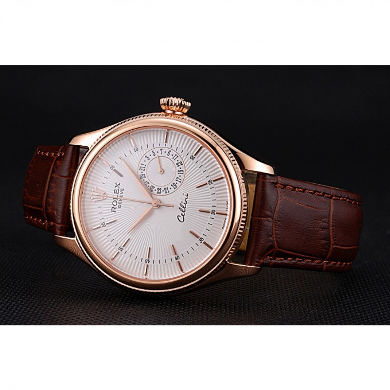 High End Replica Watches Rolex Cellini White Rose Dial Gold Case Brown Leather Bracelet 622725-3