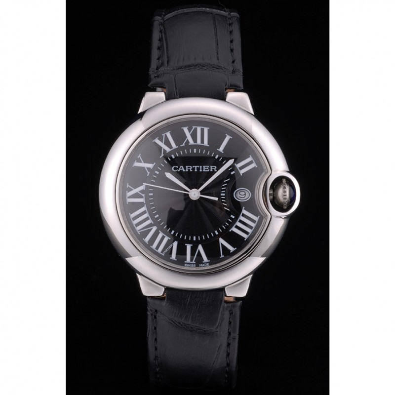 Cheap Replica Watches Cartier Ballon Bleu 38mm Black Dial Stainless Steel Case Black Leather Bracelet-1