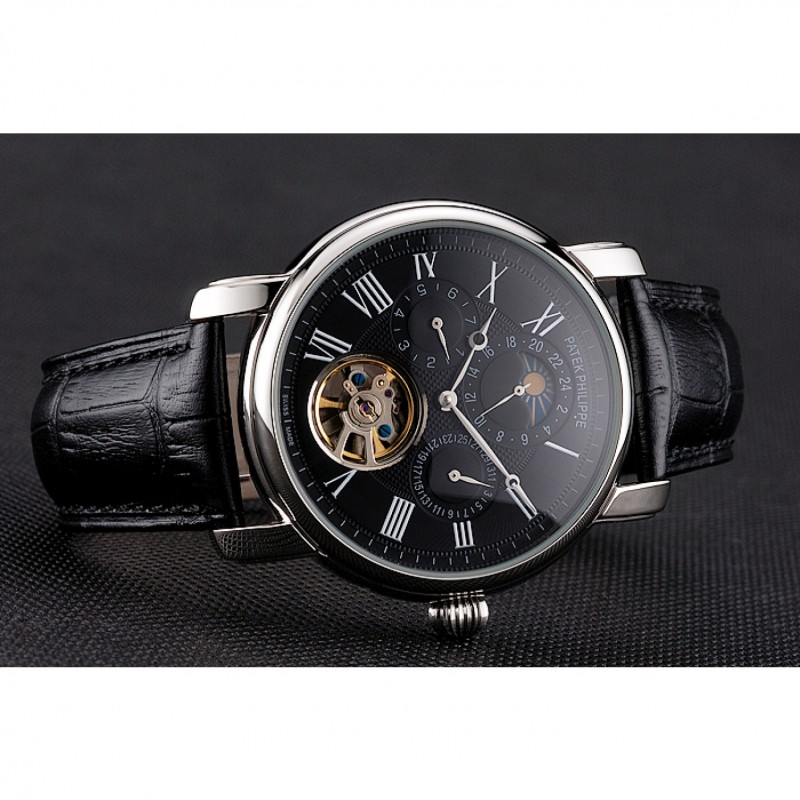 Patek Philippe Grand Complications Moonphase Perpetual Calendar Tourbillon Black Dial Stainless Steel Case Black Leather Strap-3