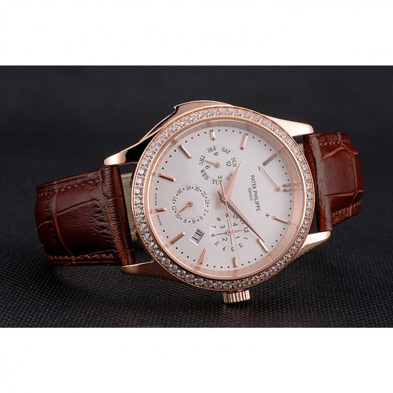 Cheap Replica Watches Swiss Patek Philippe Grand Complications Perpetual Calendar White Dial Rose Gold Case Diamond Bezel Brown Leather Strap-3