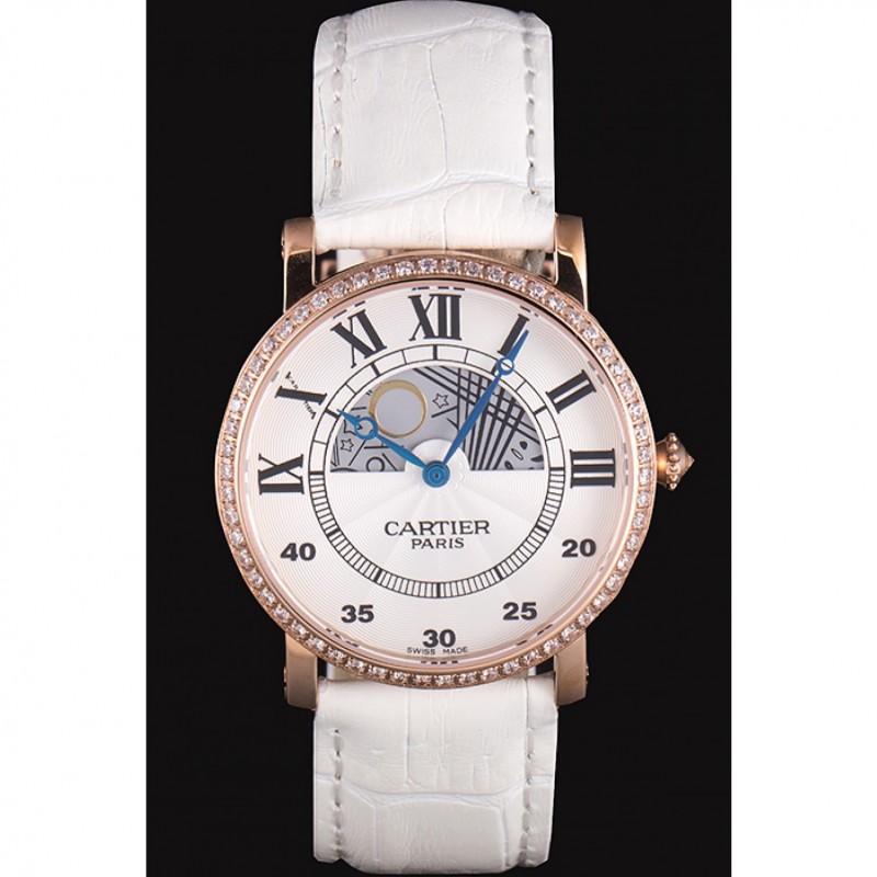 Cartier Moonphase Rose Gold Watch with White Leather Band ct254 621373-1