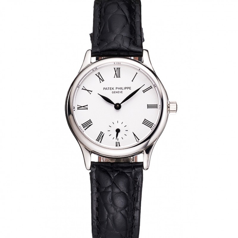 Patek Philippe Calatrava White Dial Roman Numerals Stainless Steel Case Black Leather Strap-0