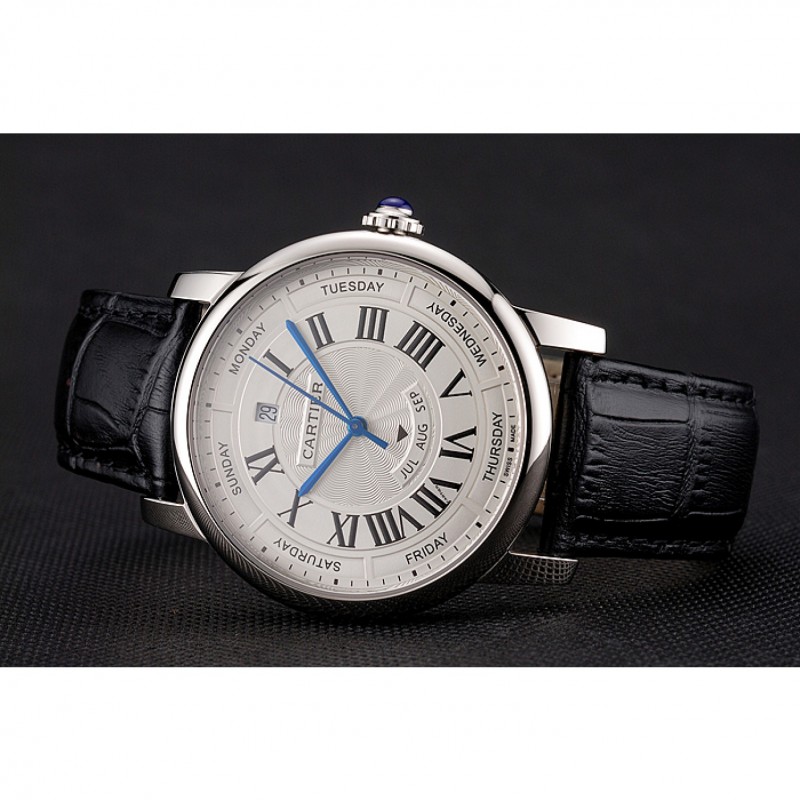 Swiss Cartier Rotonde Annual Calendar White Dial Stainless Steel Case Black Leather Strap-4