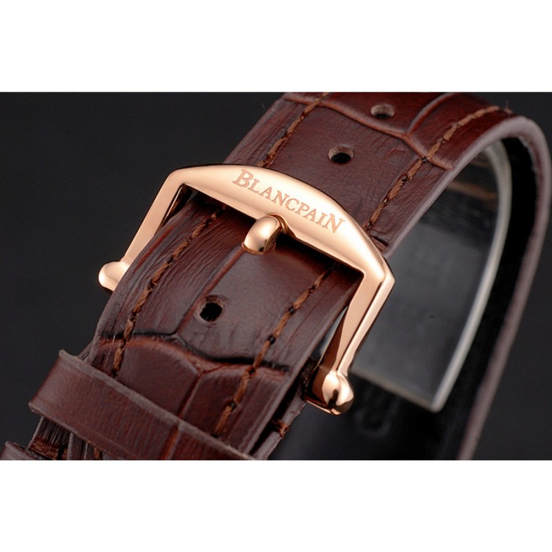 SS Blancpain Villeret Ultra Slim White Groved Dial Gold Numerals Rose Gold Case Brown Leather Strap-5