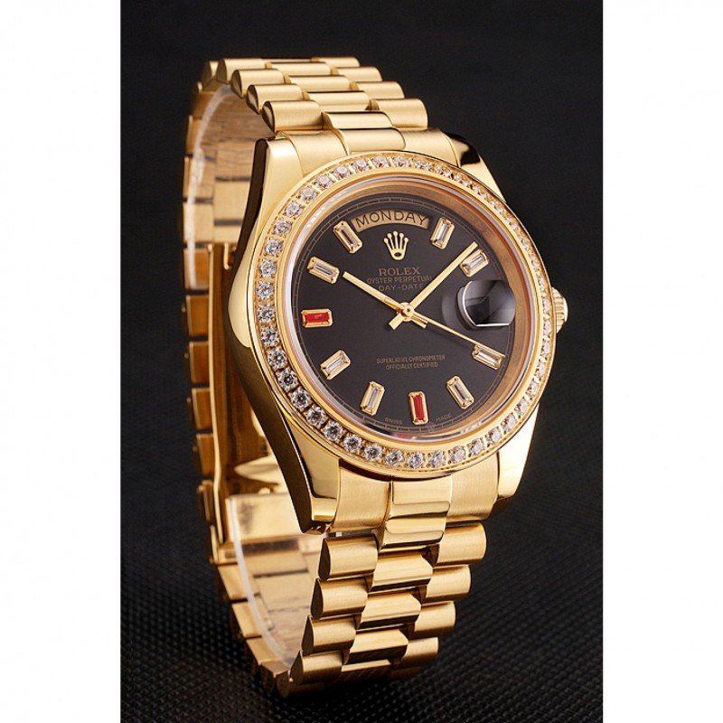 Swiss Rolex Day-Date Diamonds And Rubies Black Dial Gold Bracelet 1454101-2