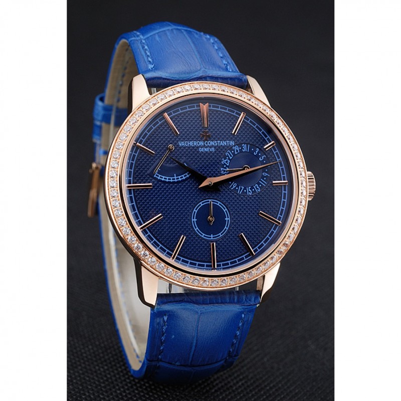 Vacheron Constantin Patrimony Power Reserve Blue Dial Gold Diamond Case Blue Leather Bracelet 1454270-2