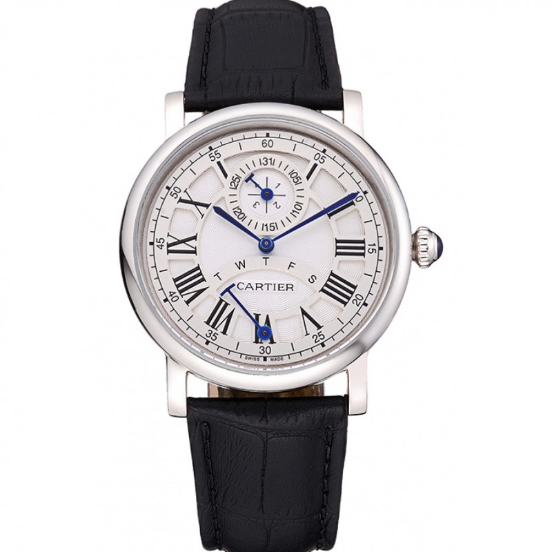 Best Replica Watches Cartier Rotonde White Dial Stainless Steel Case Black Leather Strap 622757-0