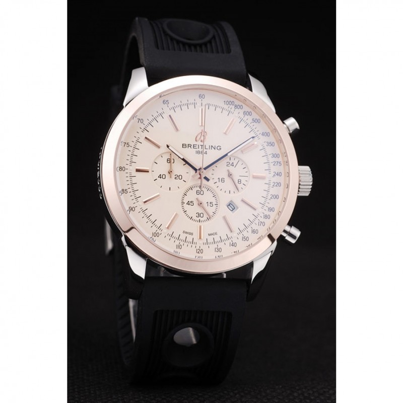 Breitling Transocean White Dial Black Rubber Strap Rose Gold Bezel-2