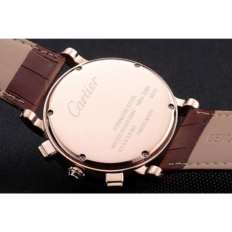Cartier Rotonde Chronograph White Dial Rose Gold Case Brown Leather Strap-7