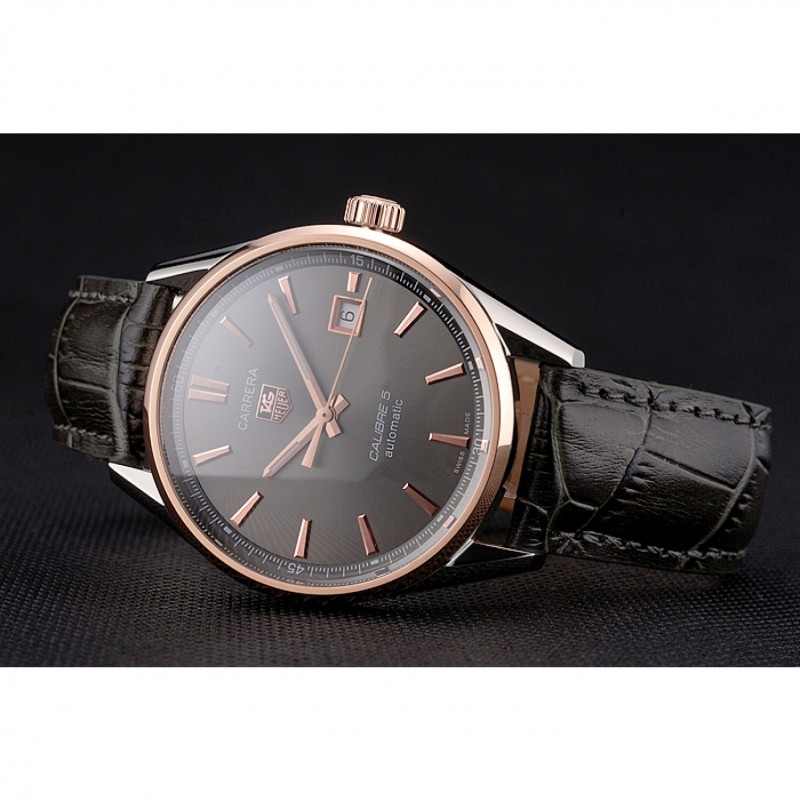 Best Replica Watches Swiss Tag Heuer Carrera Calibre 5 Gray Dial Rose Gold Case Black Leather Strap-4