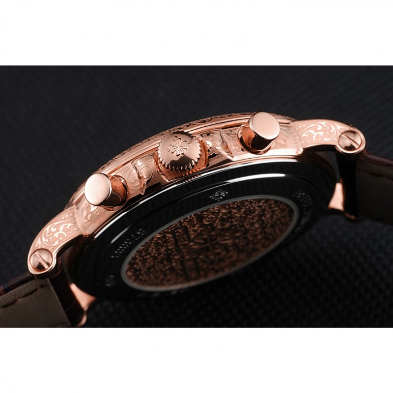AAA Replica Watches Patek Philippe Grand Complications Rose Gold Dial Engraved Rose Gold Case Brown Leather Bracelet 1454142-8