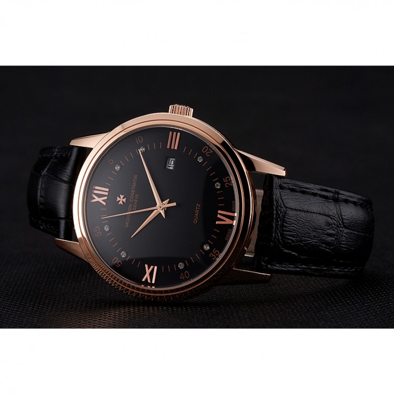 High End Replica Watches Vacheron Constantin Patrimony Chronometre Royal Black Dial Rose Gold Case Black Leather Strap-3