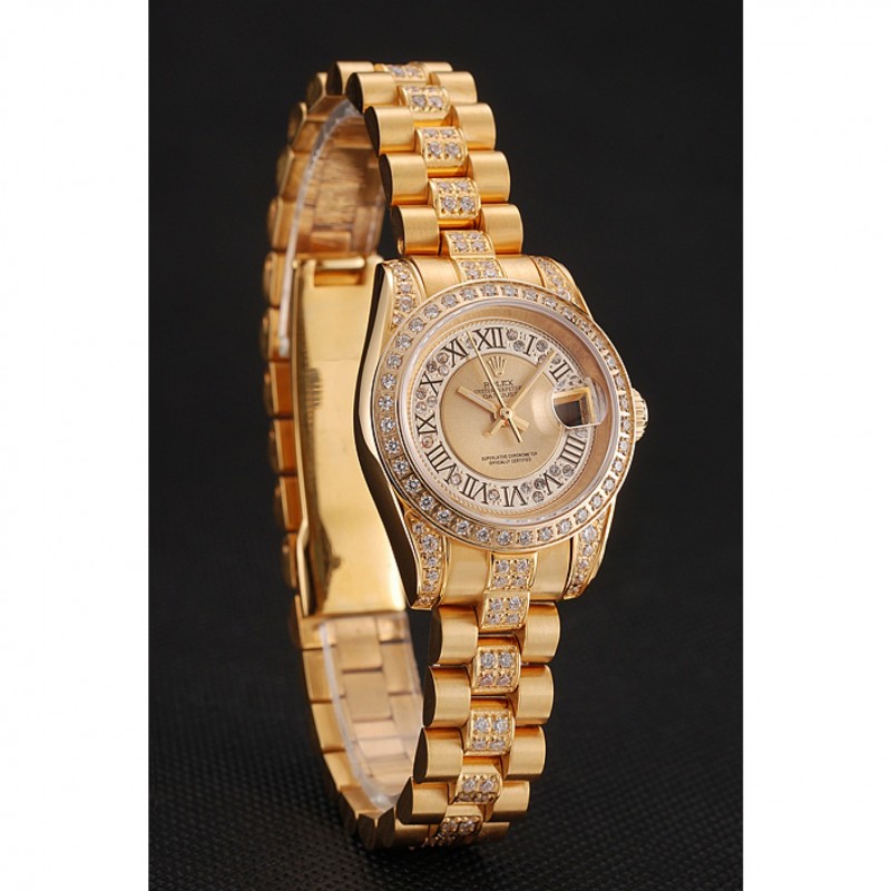 Swiss Rolex DayJust Diamond Pave Gold Dial Gold Diamond Bracelet 1453953-1
