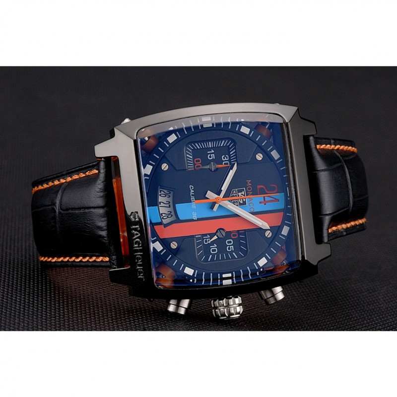 Tag Heuer Monaco Calibre 36 Blue And Orange Stripes Dial Black Leather Strap 622302-3