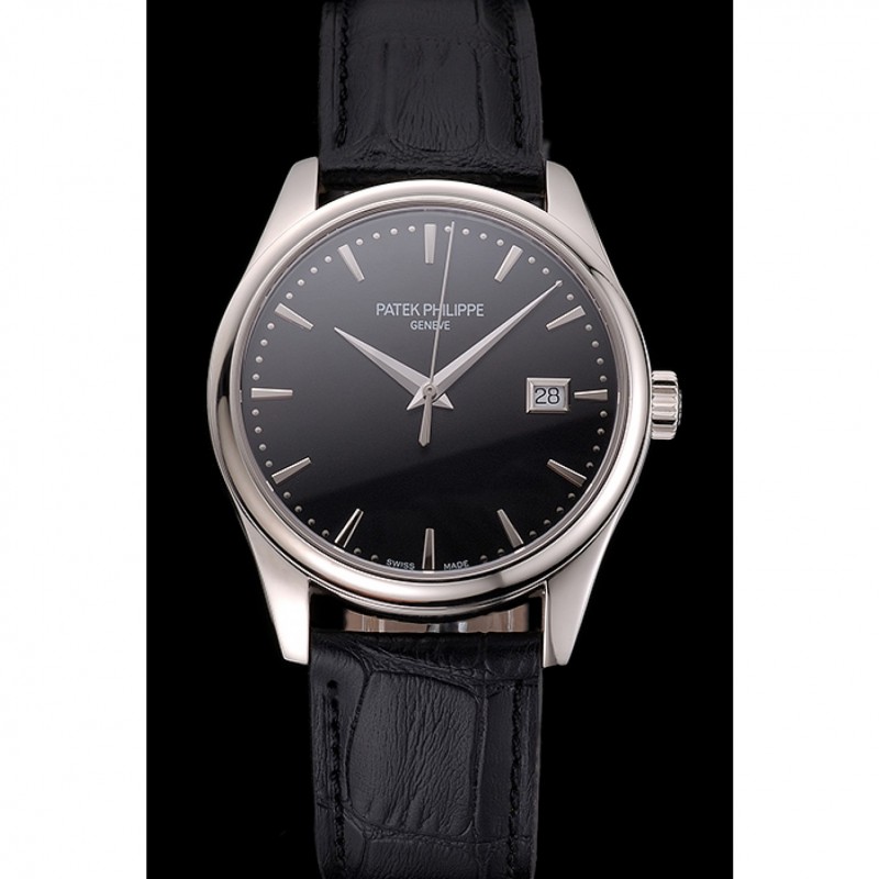 Swiss Patek Philippe Calatrava Black Dial Stainless Steel Case Black Leather Strap-1