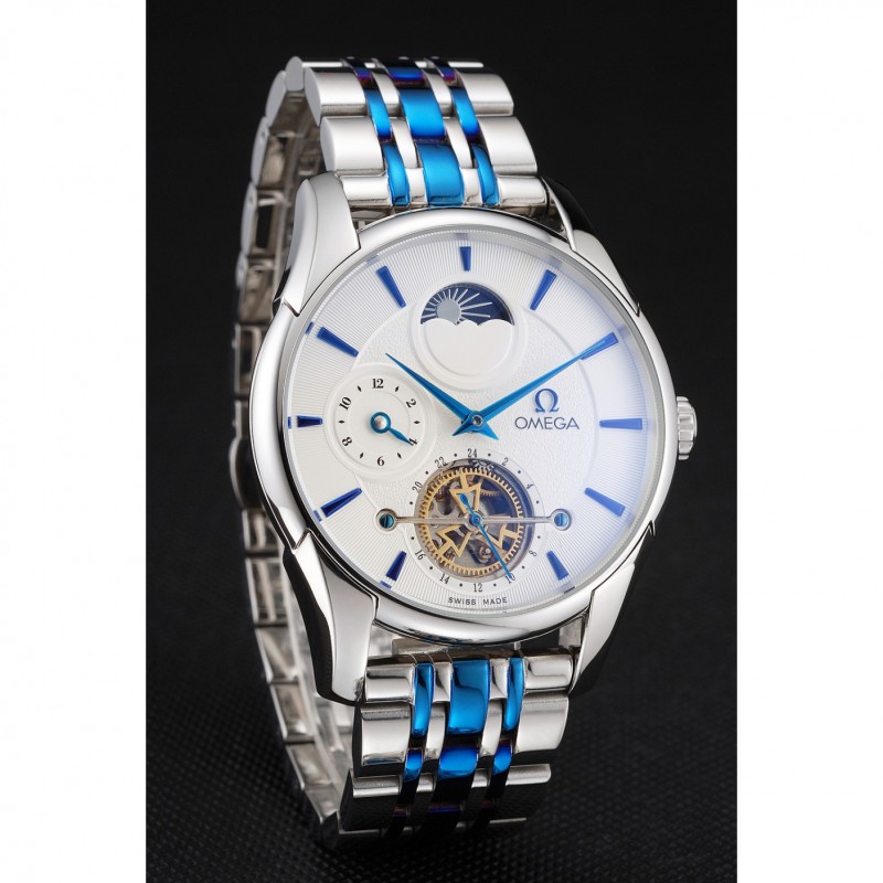 Omega De Ville Moonphase Tourbillon White Dial Stainless Steel Case Two Tone Steel Blue Bracelet-2