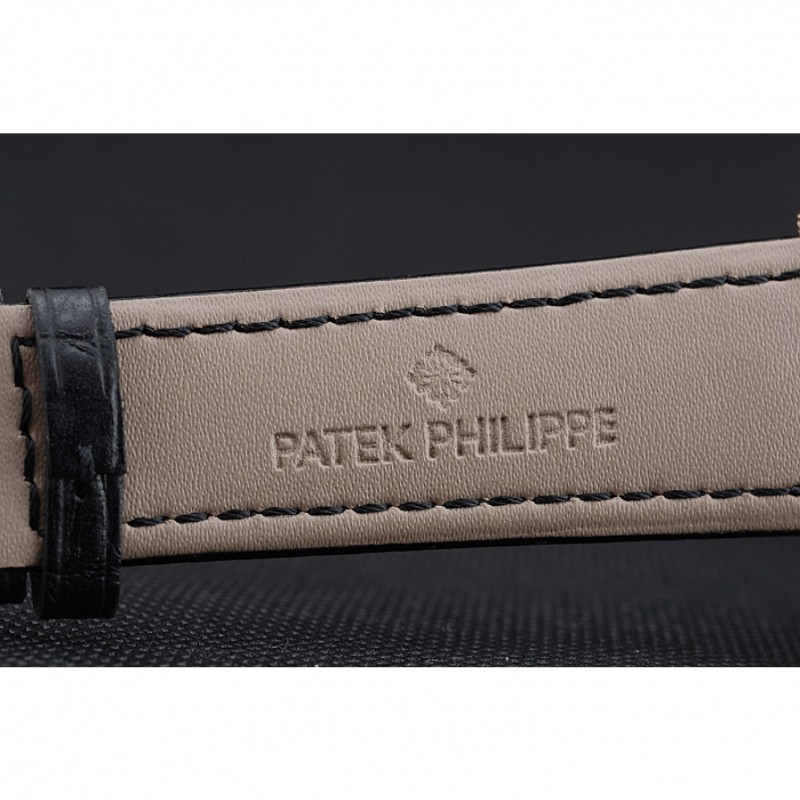 SS Replica Watches Patek Philippe Grand Complications White Dial Engraved Rose Gold Case Black Leather Bracelet 1454144-6