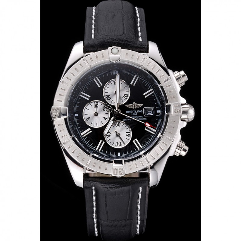 Breitling Chronomat 13 Stainless Steel Case Black Dial Black Leather Bracelet 622237-1