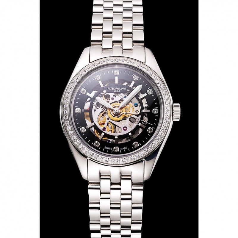 Swiss Patek Philippe Calatrava Black Openworked Dial Diamond Bezel Stainless Steel Case And Bracelet-1