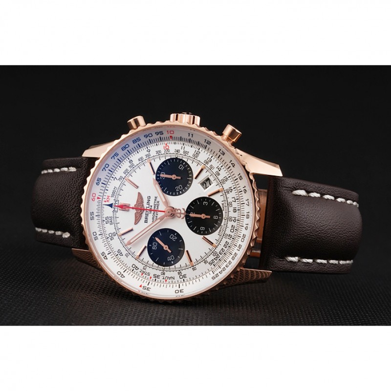 Swiss Breitling Navitimer 01 White Dial Black Subdials Rose Gold Case Brown Leather Strap-3
