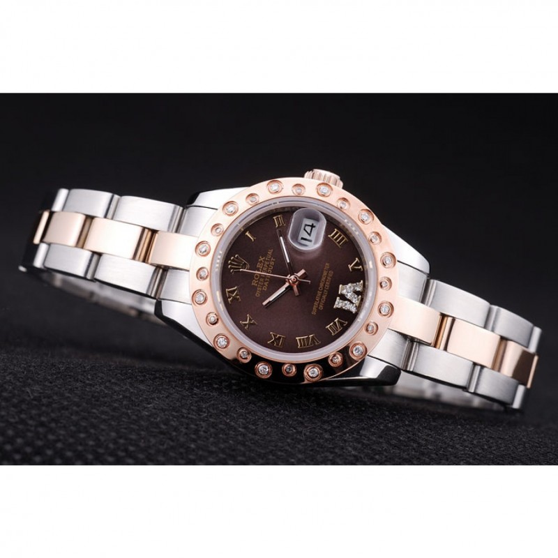 Rolex Datejust Diamonds Rose Gold Polished Bezel Brown Dial 7475-4