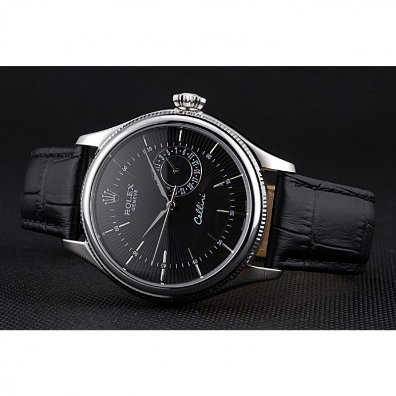 Rolex Cellini Black Dial Stainless Steel Case Black Leather Bracelet 622724-2