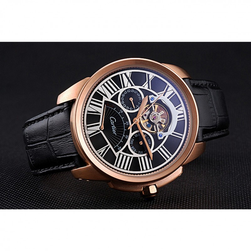 Cartier Calibre Tourbillon Black Dial Gold Case Black Leather Strap 622754-3