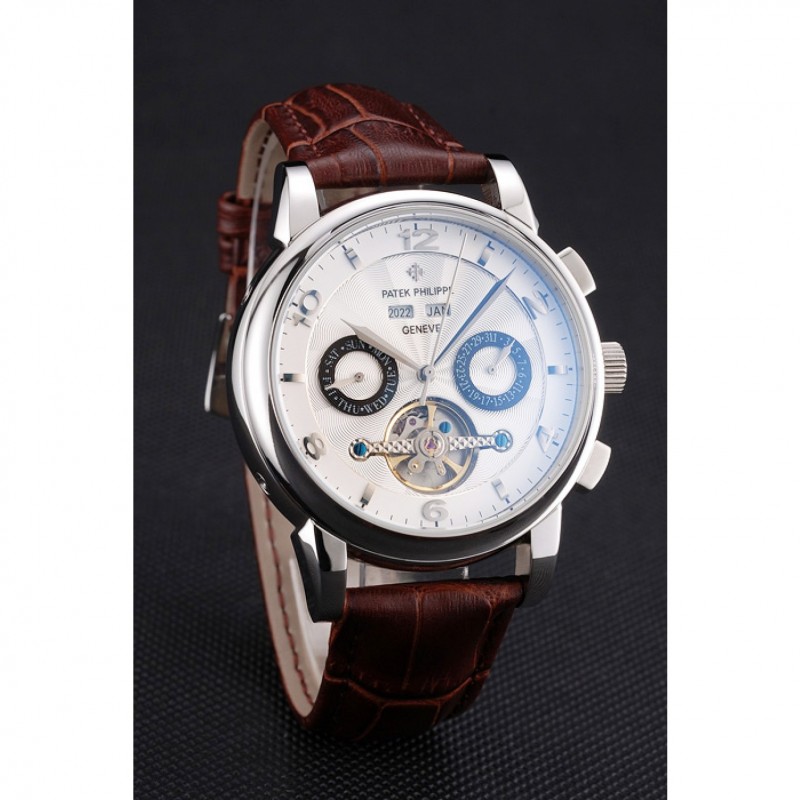 Cheap Replica Watches Patek Philippe Perpetual Calendar Tourbillon White Dial Stainless Steel Case Brown Leather Strap-2