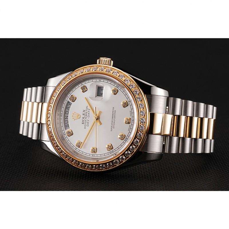 Swiss Rolex Day-Date White Dial Gold Diamond Case Two Tone Stainless Steel Bracelet 1453971-3
