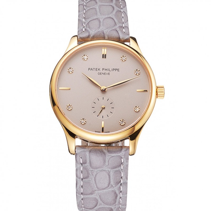 High Quality Patek Philippe Calatrava Gray Dial Diamond Markings Gold Case Gray Leather Strap-0