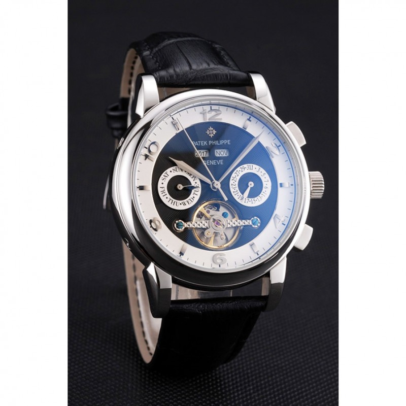 SS Replica Watches Patek Philippe Perpetual Calendar Tourbillon Two Tone Dial Stainless Steel Case Black Leather Strap-2