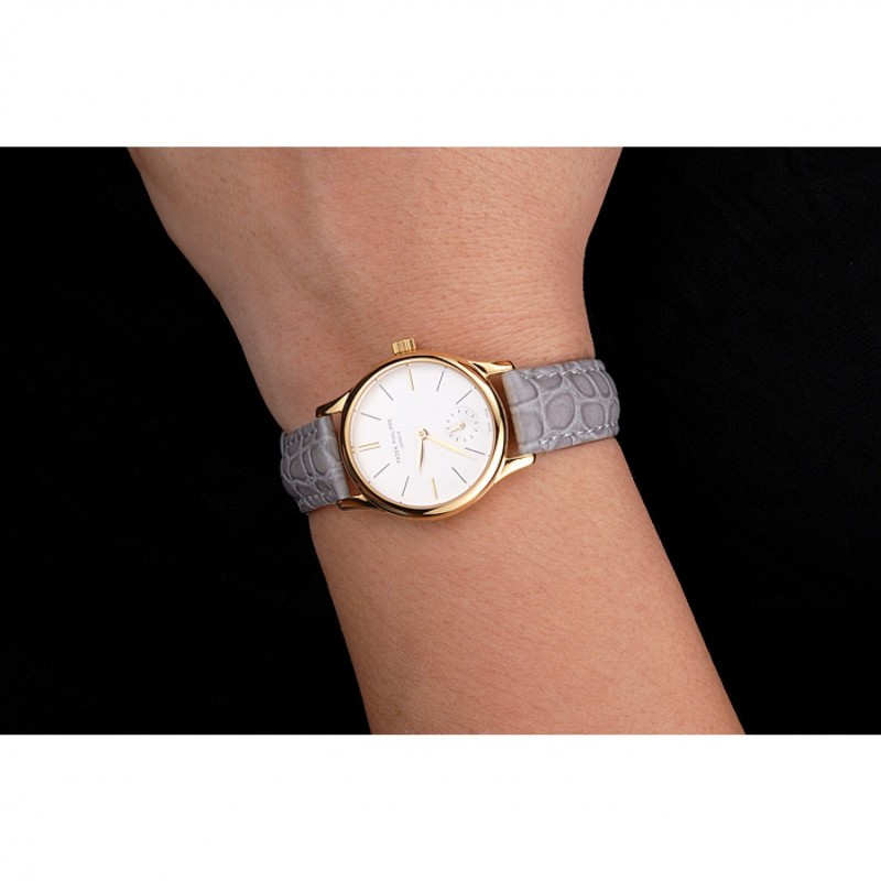 High End Replica Watches Patek Philippe Calatrava White Dial Gold Case Gray Leather Strap-8
