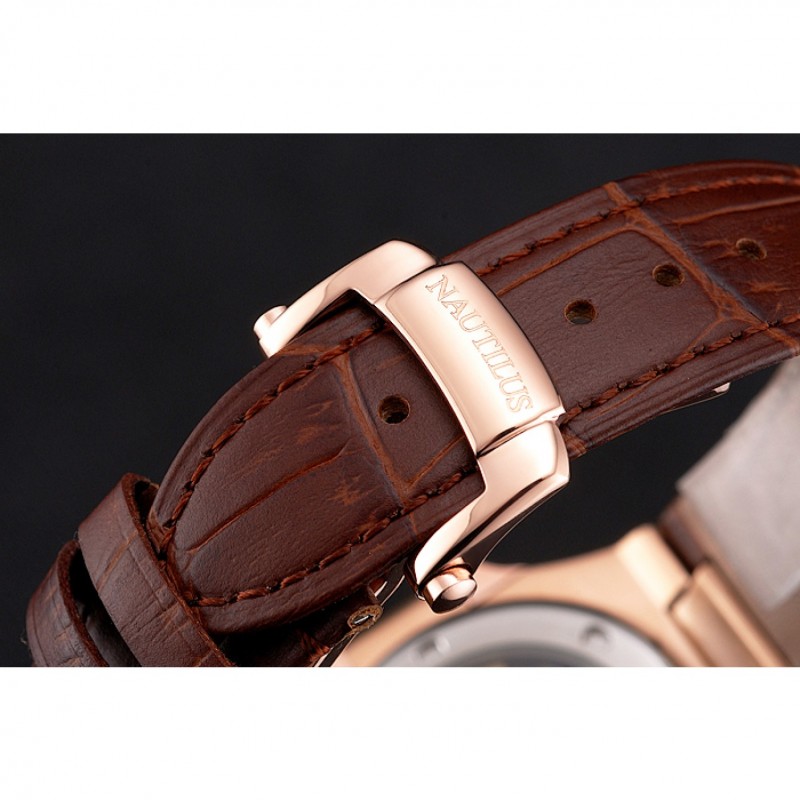 Patek Philippe Nautilus Gray Dial Rose Gold Case Brown Leather Strap-5