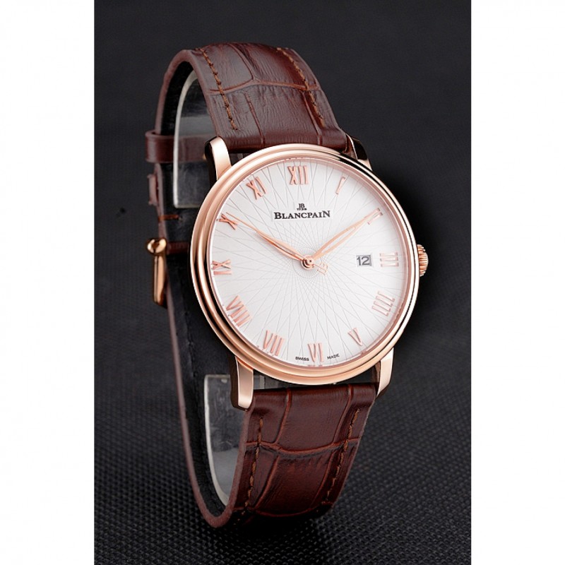 SS Blancpain Villeret Ultra Slim White Groved Dial Gold Numerals Rose Gold Case Brown Leather Strap-2