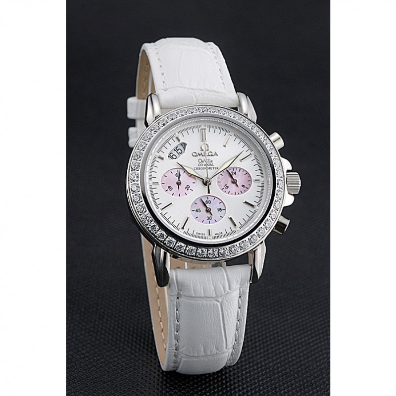 Best Omega De Ville Chronograph White Dial Stainless Steel Diamond Case White Leather Bracelet 622453-2