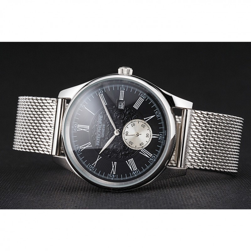 Patek Philippe Calatrava Small Seconds Black Engraved Dial Stainless Steel Case And Bracelet-3