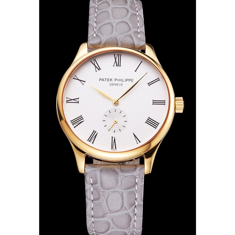 Cheap Patek Philippe Calatrava White Dial Gold Case Gray Leather Strap-1