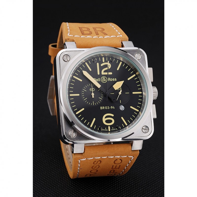 Luxury Bell and Ross BR 03-94 Black Dial Silver Case Brown Leather Strap-2