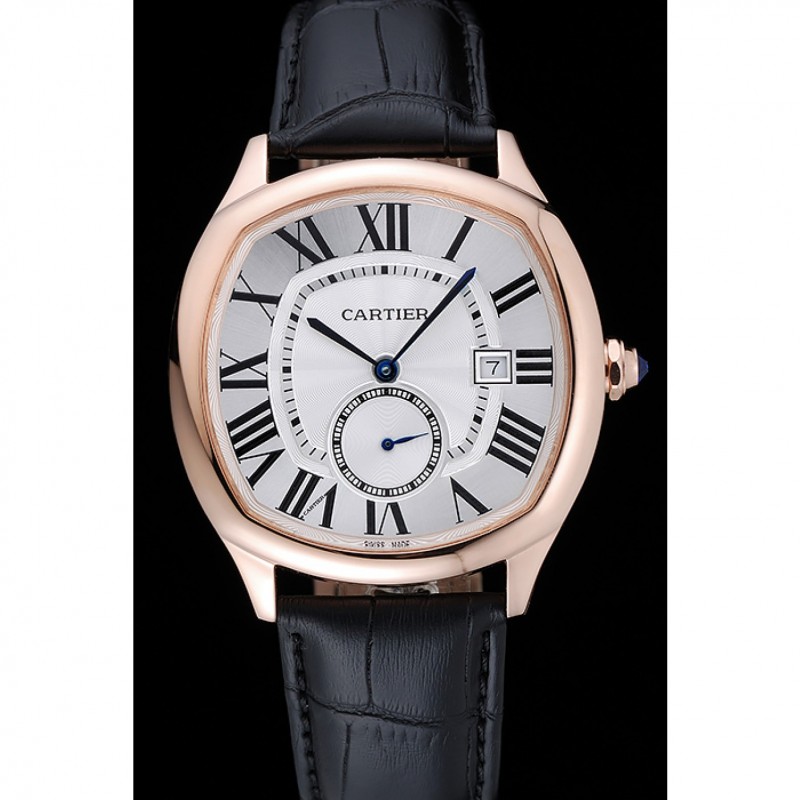 Cartier Drive De Cartier White Dial Gold Case Black Leather Bracelet 1454212-1
