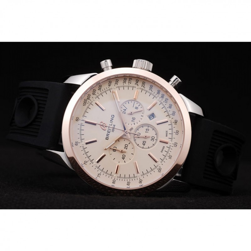 Breitling Transocean White Dial Black Rubber Strap Rose Gold Bezel-4