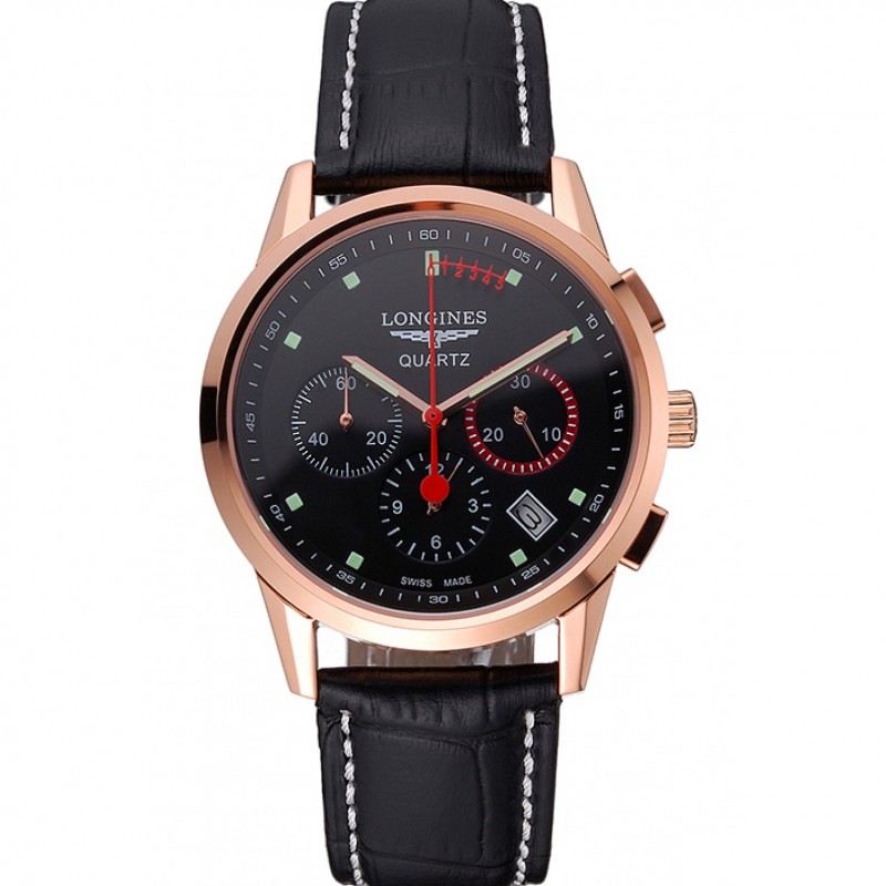 Longines Column Wheel Black Dial Gold Case Black Leather Strap-0