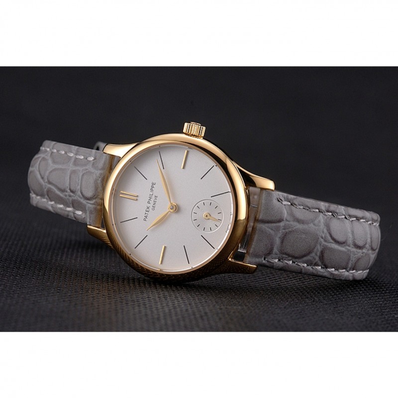 High End Replica Watches Patek Philippe Calatrava White Dial Gold Case Gray Leather Strap-3