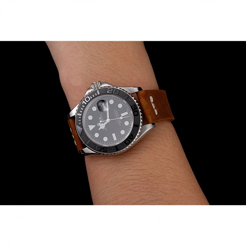 Rolex Yacht Master Black Dial Silver Case Brown Leather Bracelet 1453859-8